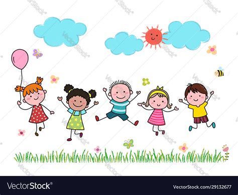 Hand Drawn Cartoon Kids Jumping Together Outdoor Vector Image