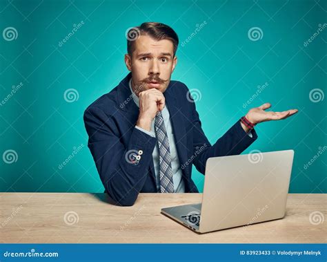 Sad Young Man Working On Laptop At Desk Stock Image Image Of Head