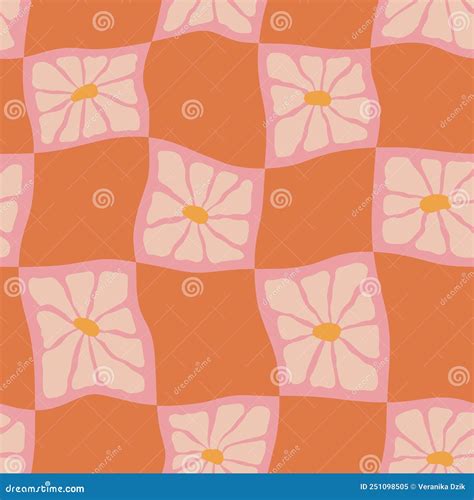 Groovy Distorted Checkered Seamless Pattern With Daisy Flowers Cute