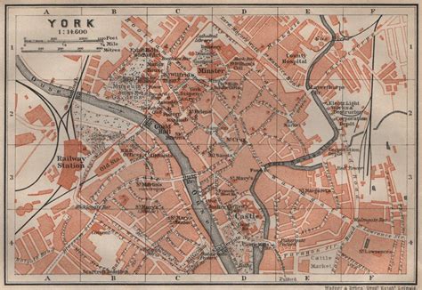 York Antique Town City Centre Plan Yorkshire Baedeker 1906 Old Map