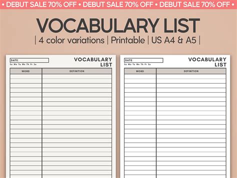 Minimal Vocabulary List Printable Vocabulary Note Worksheet Language
