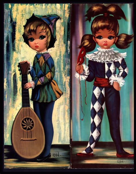 Vintage 1960s Big Eyed Girls Harlequin Moppet Set Of 4 Art Prints By