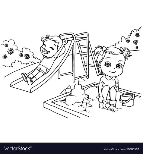 Kids At Playground Cartoon Coloring Page Vector Image