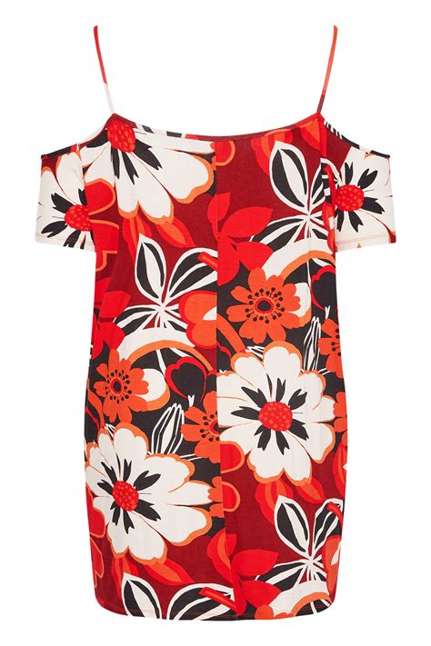 Plus Size Red Tropical Print Cold Shoulder Top Yours Clothing