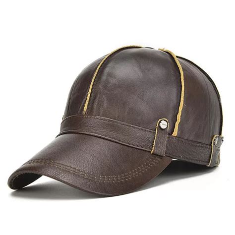Mens Genuine Leather Warm Baseball Cap With Ears Flaps Adjustable
