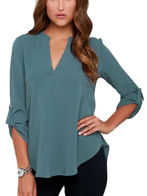 Womens Tops V Neck Loose Blouse Chiffon Work Long Sleeve Casual T