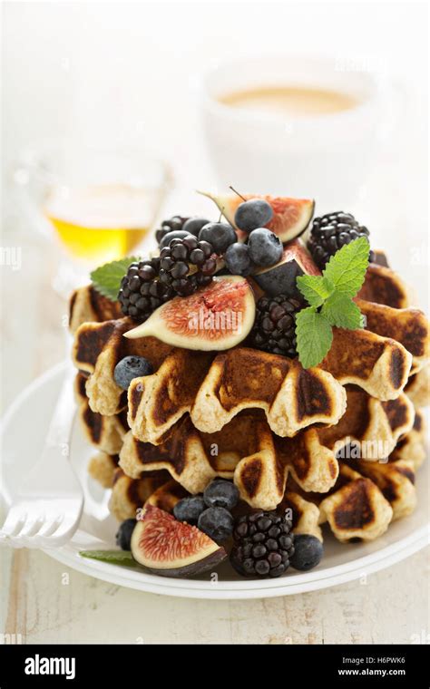 Fluffy Breakfast Waffles With Fresh Fruits Stock Photo Alamy