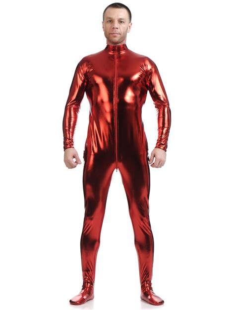 Wine Red Adults Bodysuit Shiny Metallic Catsuit For Men