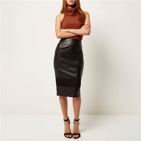 River Island Black Blocked Leather Look Pencil Skirt Lyst