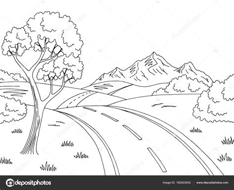 Mountain Road Graphic Black White Landscape Sketch Illustration Vector