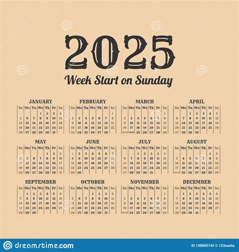 2025 Year Vintage Calendar Weeks Start On Sunday Stock Vector