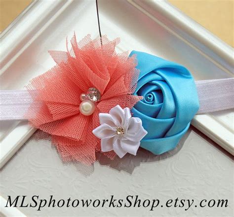 Coral Turquoise And White Baby Girl Headband Bright Fun Etsy Baby