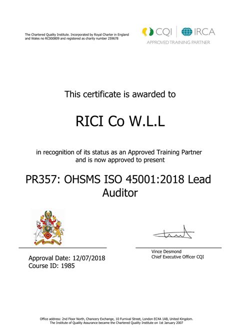 Iso 450012018 Lead Auditor Training Course Rici