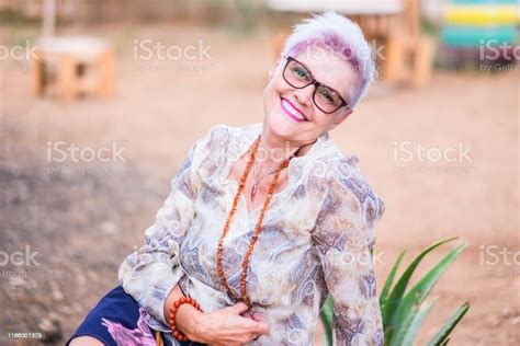 Beautiful Alternative Senior Mature Woman With Punk Hipster Hippy Style