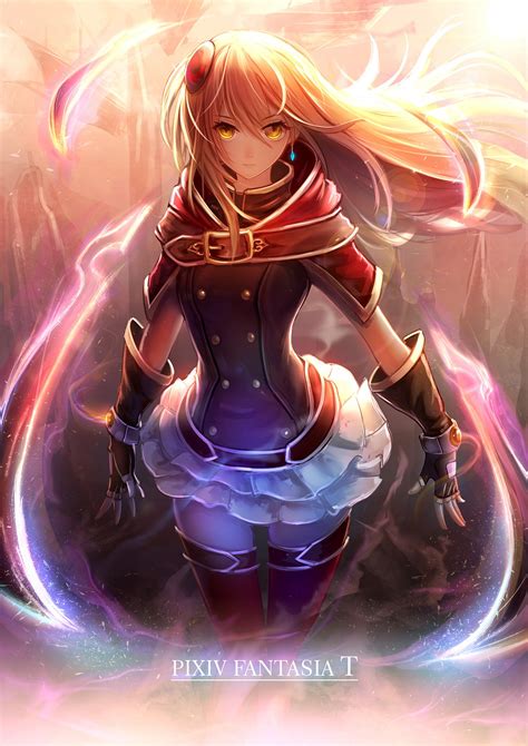 Mystic story girls facts and ideal types. Wallpaper : illustration, long hair, anime girls, yellow eyes, gloves, thigh highs, skirt, magic ...