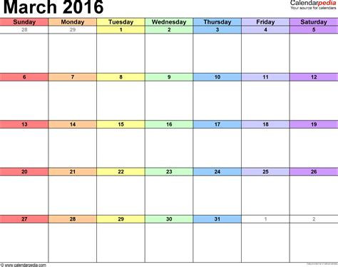 March 2016 Calendars for Word, Excel & PDF