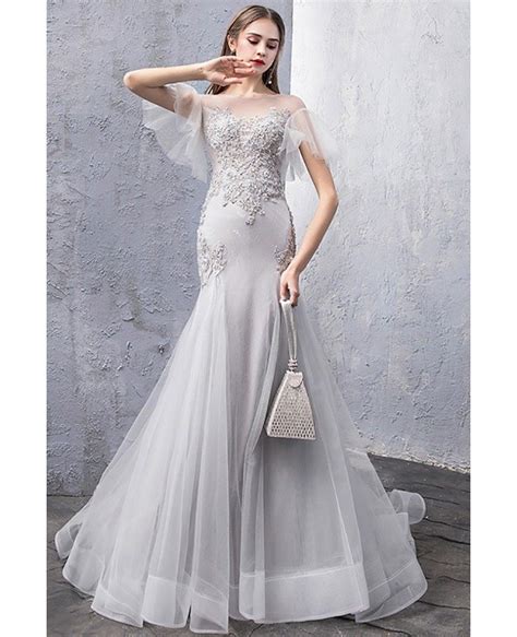 Fitted Mermaid Stunning Grey Long Prom Dress With Illusion Sleeves