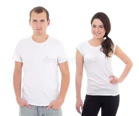 Young Man And Woman In White T Shirts Isolated Stock Photo Image Of
