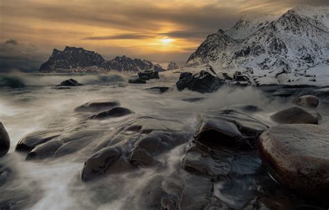 Wallpaper Sea Sunset Mountains Stones Norway Norway The Lofoten