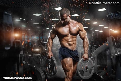poster of muscular athletic bodybuilder fitness model posing after exercises in gym poster