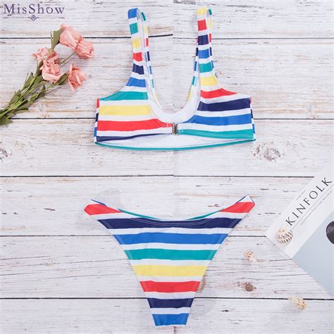 MisShow Rainbow Striped Women Bikinis Set Style Swimsuit Summer Bathing Suit Low Waist