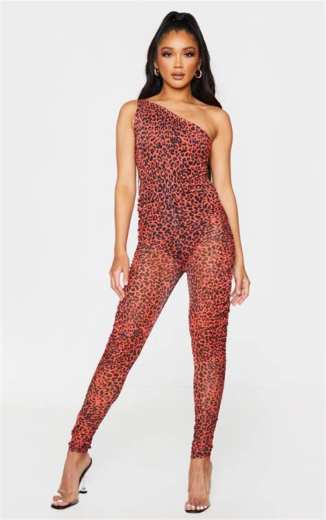 red leopard print mesh jumpsuit prettylittlething il