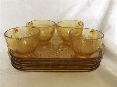 4 Vintage Hazel Atlas Glass Amber Tear Drop Pebbletone Snack Plate