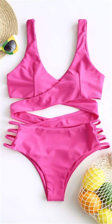 Unique Pink Ladder Cutout Wrap Bikini Swimsuit Women Bathing Suit