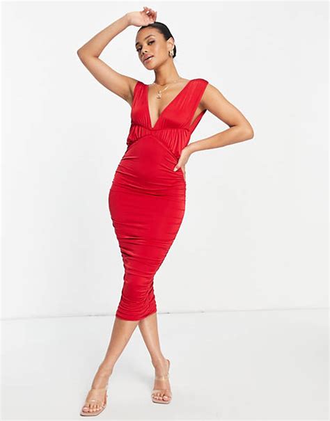 Asos Design Deep Plunge Seamed Ruched Midi Dress In Red Asos