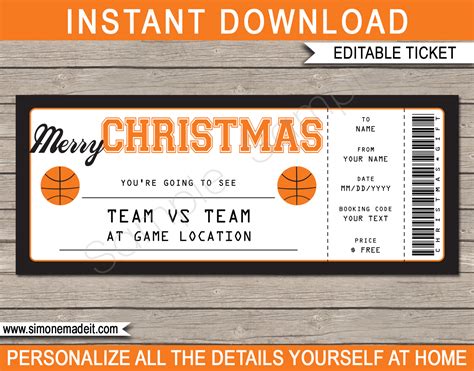 Christmas Basketball Ticket Gift Voucher Printable Basketball Ticket