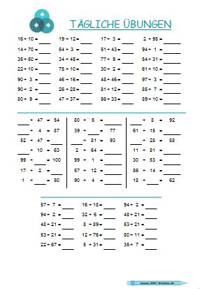 Anbei findest du die datei, in der nicht nur die bisherigen bilder, sondern auch weitere zum download hinterlegt sind. tägliche Übungen - Addition im ZR 100 | Tägliche übung, Unterricht schule und Schulideen