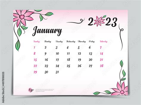 Calendar 2023 Template On Pink Flowers Background January 2023