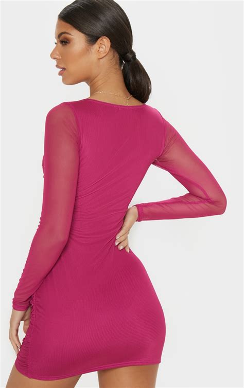 Hot Pink Mesh Square Neck Bodycon Dress Prettylittlething