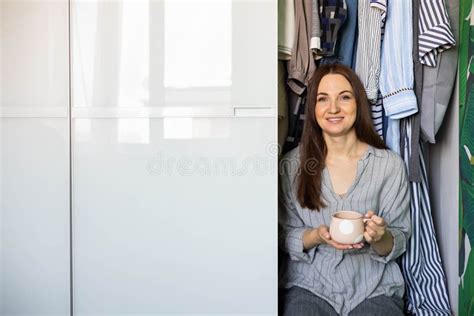 Portrait Happy Domestic Woman Posing Wardrobe Storage Organization