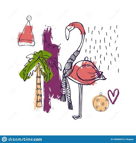 Tropical Christmas Illustration With Flamingo And Palm