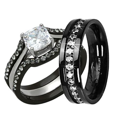 St1343 3816a Black Stainless Steel And Titanium His And Hers 4pc Wedding