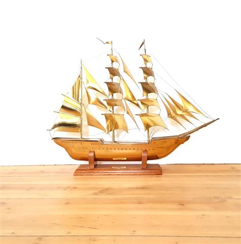 Vintage Brass Sailboat Model With Wood Stand Mid Century Schooner