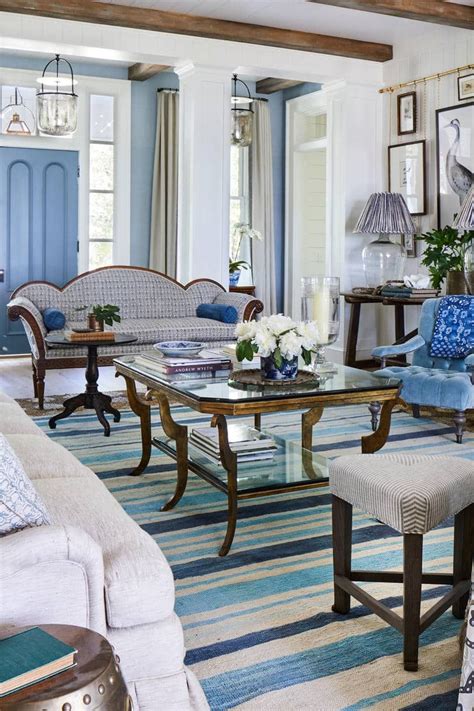 Traditional Living Room In Blue And White Striped Area Rug Dark Wood