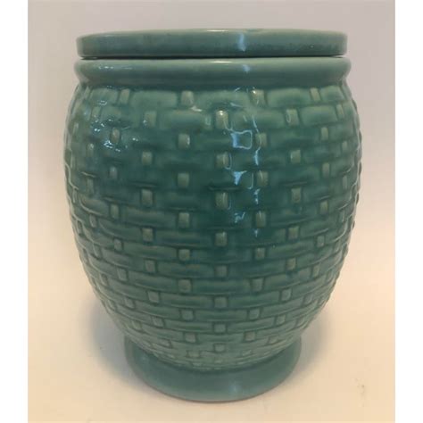 Vintage Weller Pottery Pierre Basketweave Pattern Aqua Teal Cookie Jar