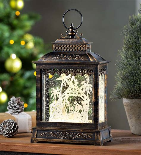 Musical Lighted Nativity Snow Globe Lantern Plowhearth
