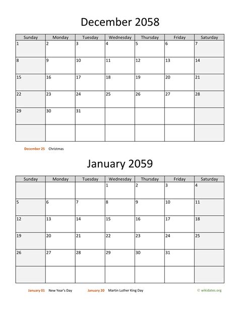 December 2058 And January 2059 Calendar