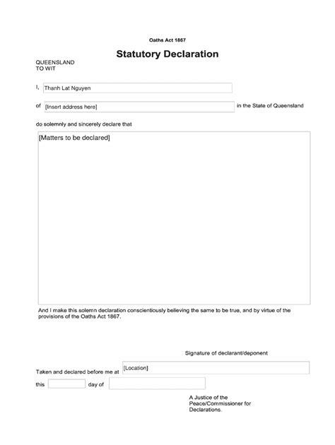 211), and subject to the penalties provided by that act for the making of false statements in statutory declarations, conscientiously believing the statements contained in this declaration to be true in every particular. Statutory Declaration Form Qld - Fill Out and Sign ...