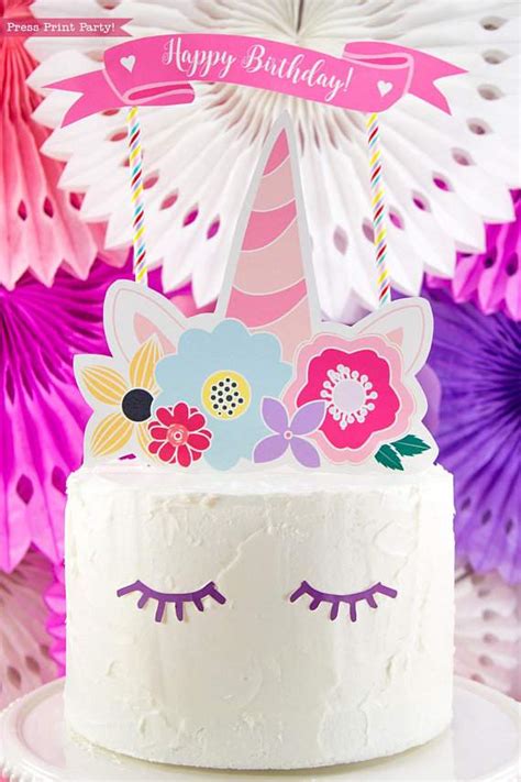 Unicorn Cake Topper Printable With Flowers Unicorn Party Press Print