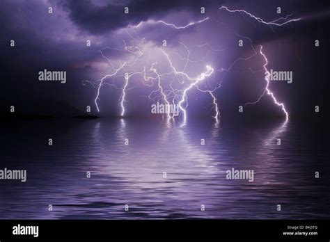 Lightning Storm Over Ocean Stock Photo Alamy