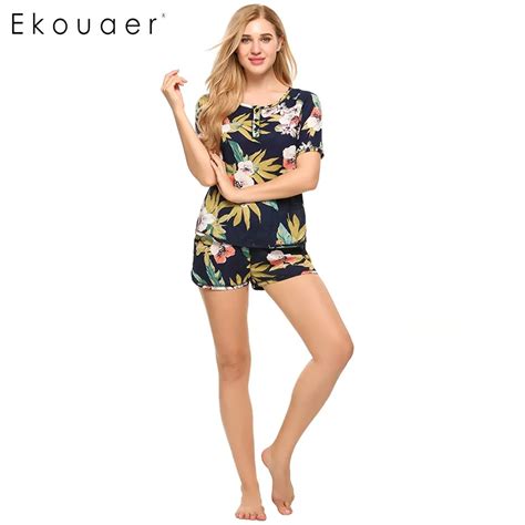 Ekouaer Print Floral Pajamas Set Women Casual Short Sleeve Prints Button Pullover Asymmetrical