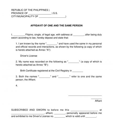 Affidavit Of One And The Same Person Sample Template One And The