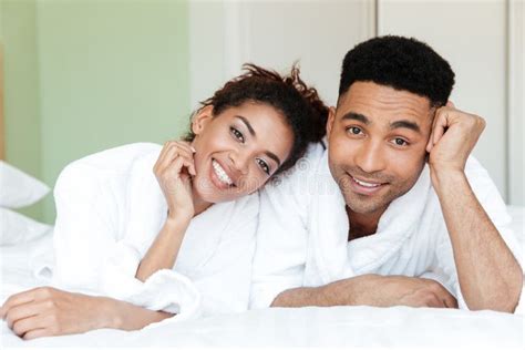 Happy Young African Loving Couple On Bed Stock Image Image Of Hotel