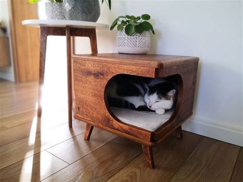 Stylish Plywood Cat House Handmade Cozy Cat Bed Rustical Box Etsy