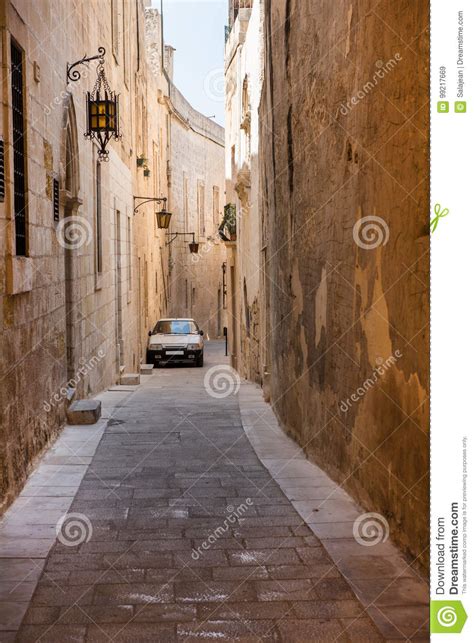 Narrow Medieval Street With Stone Houses In Mdina Malta Stock Image