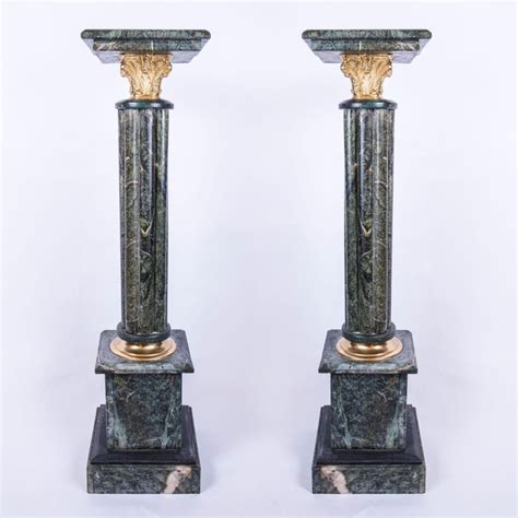 Pair Of Green Floor Standing Marble Pedestals With Bronze Acanthus